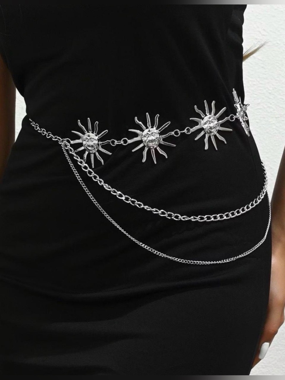 Silver Celestial Sunface Motif Chain Belt/ Adjustable length